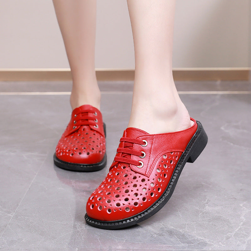 Cave shoes real leather flat heel thick sole hollowed out sandals women's slippers round toe