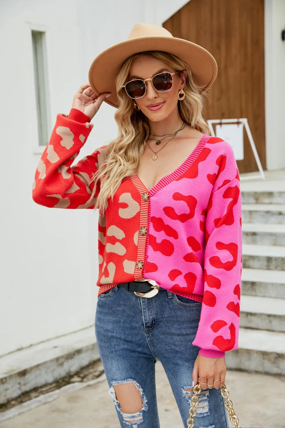 Color blocked leopard print V-neck single breasted cardigan sweater