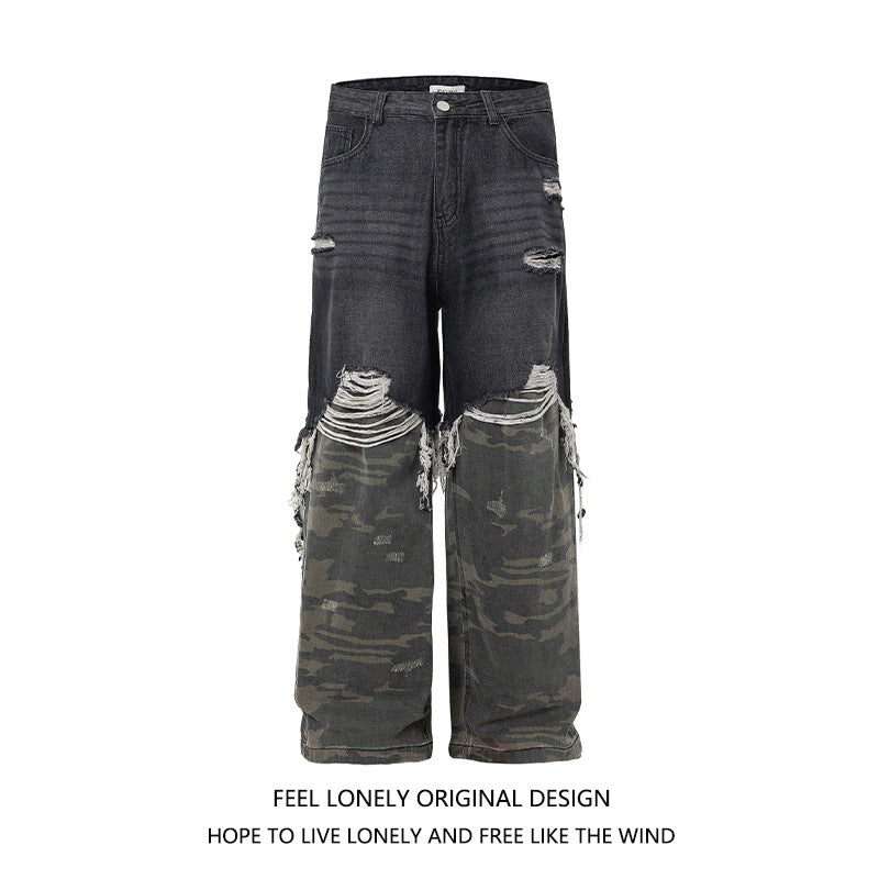 Men's American High Street Stitched Camouflage Wide Leg Jeans