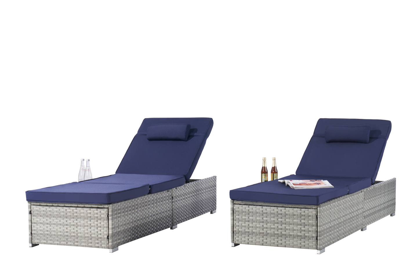 Outdoor PE Rattan Chaise Lounge Set of 2 with Table – Adjustable Patio