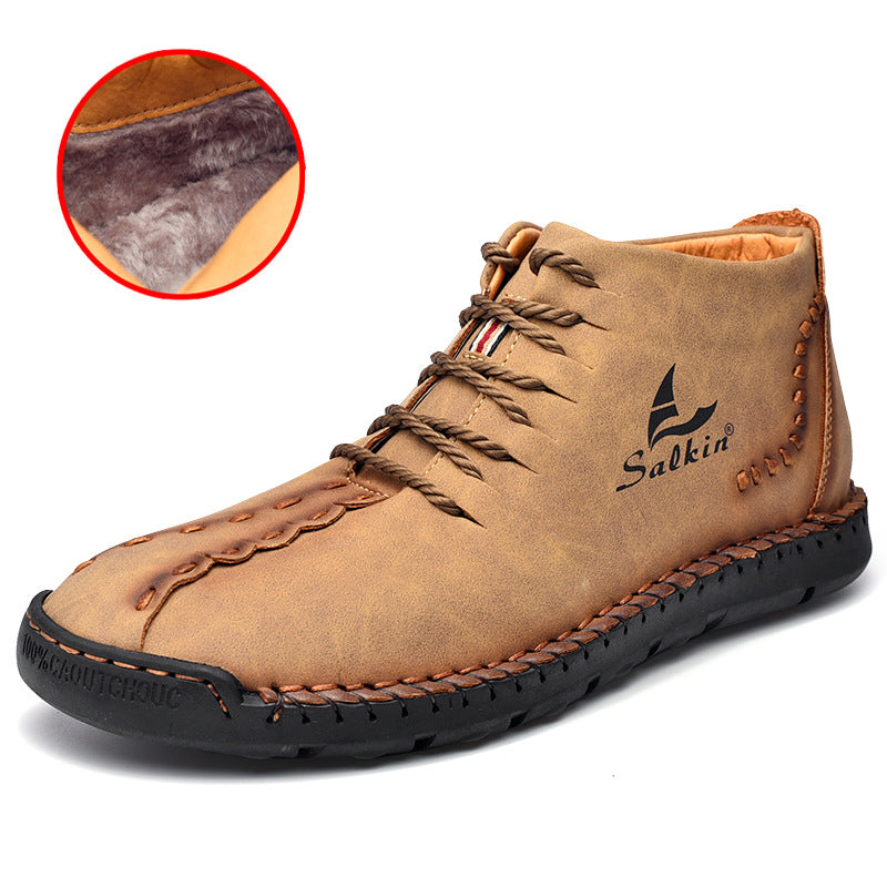 New Men's Martin Boots Plus Size Medium Leather Plus Velvet