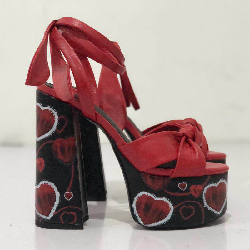 Colorblock Plus Size Catwalk Sandals Bow Love Chunky Heels