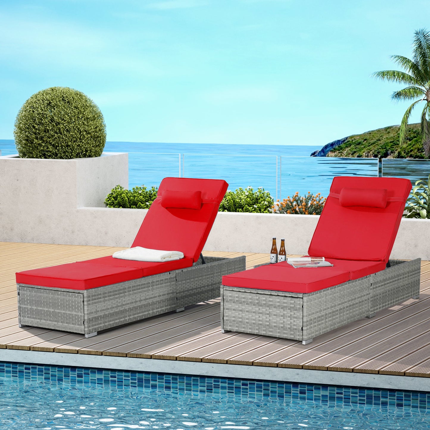 Outdoor PE Rattan Chaise Lounge Set of 2 with Table – Adjustable Patio