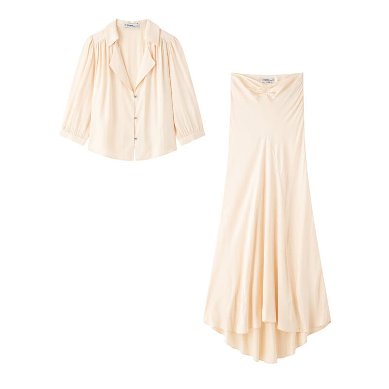 European and American style women's fashionable temperament casual shirt design pleated long skirt set