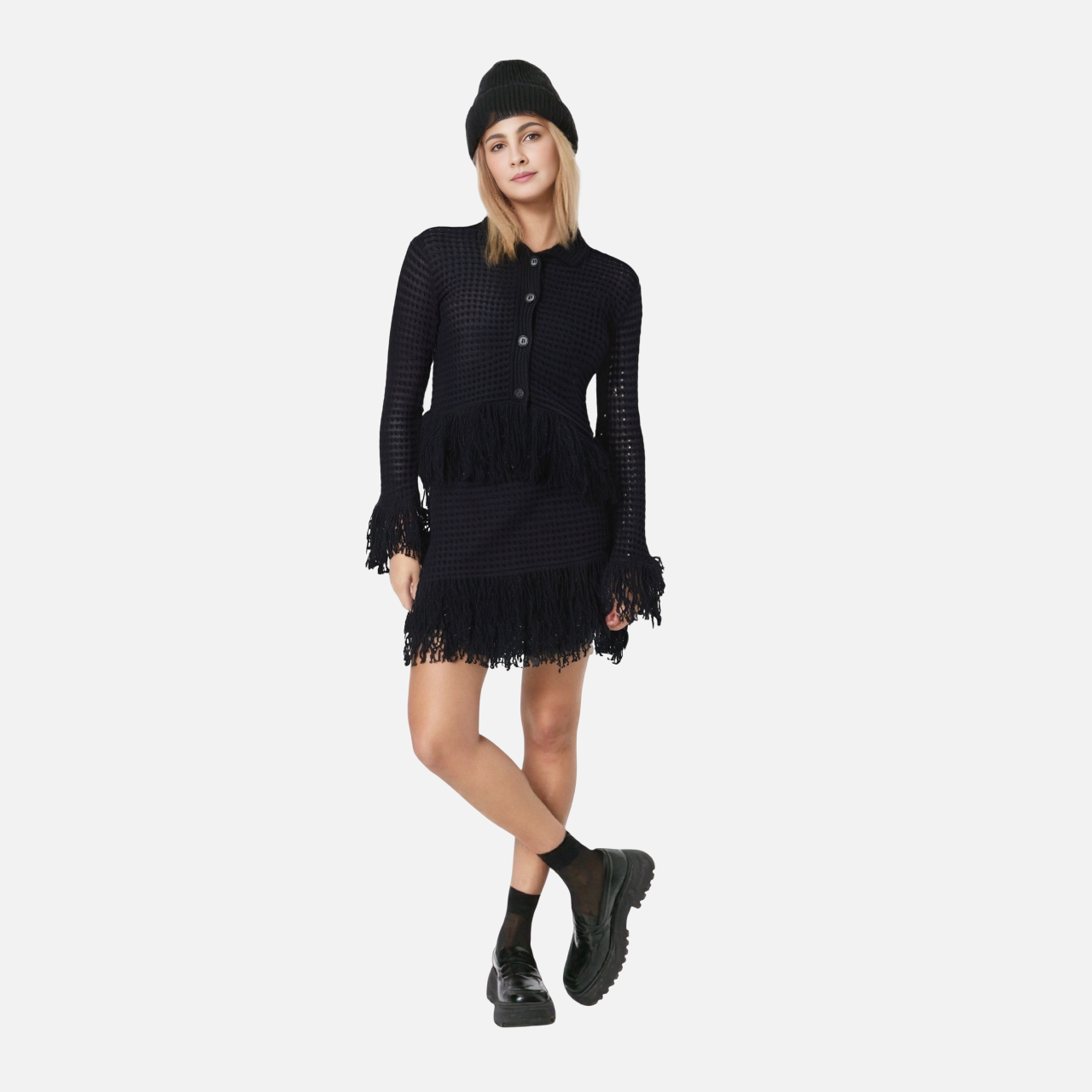 European and American women's fashion versatile tassel knit sweater+skirt set
