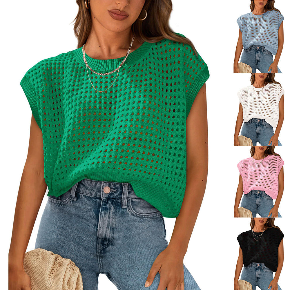 European and American women's round neck hollow top