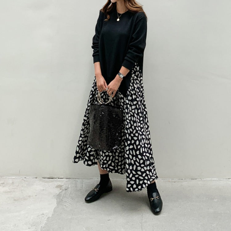 Plus Size Women's Long-sleeved T-shirt Stitching Print Big Swing Dress