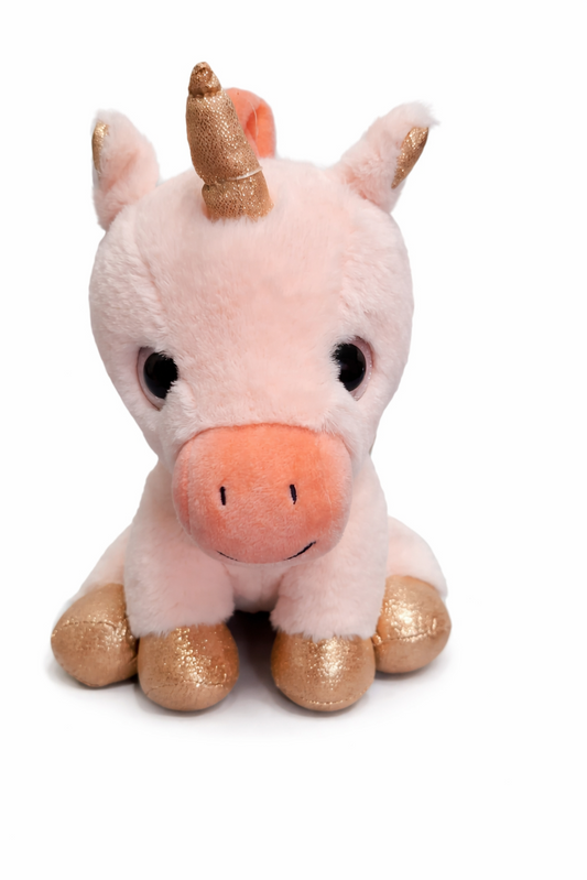 Cute Pink Plush Unicorn with Gold Horn and Hooves