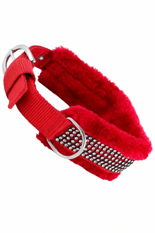Red Plush Studded Dog Collar