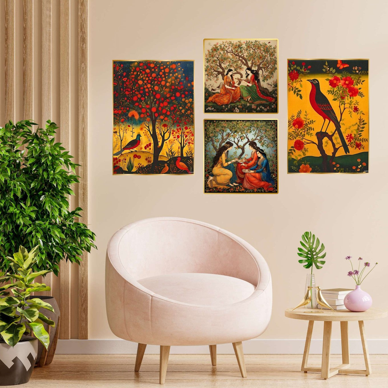 Set of 4 Bird and Tree Pichwai Wall Art Canvas