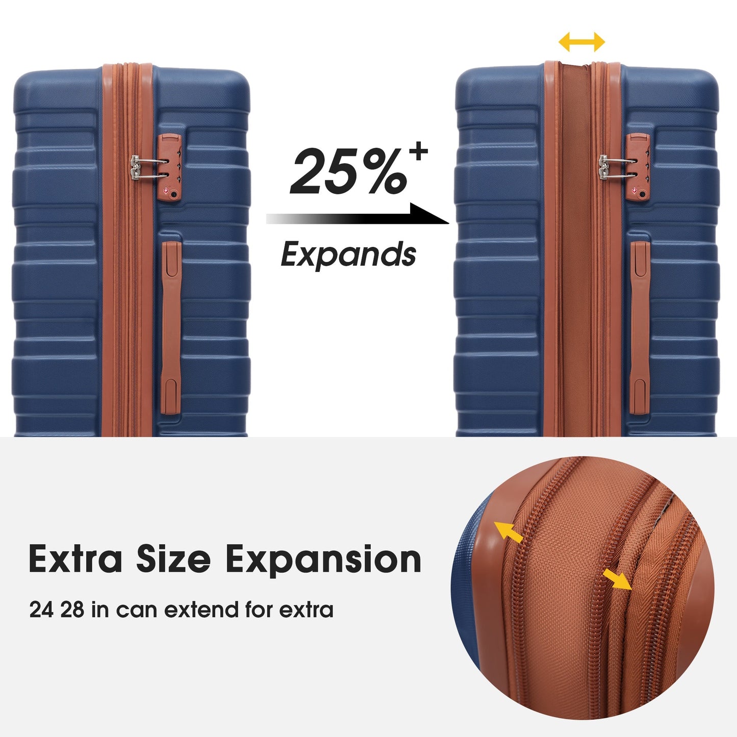 Hardshell Luggage Sets 3 Pcs Spinner Suitcase with TSA Lock Lightweight 20''24''28'' Navy Blue + ABS