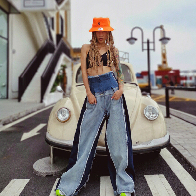 High waisted loose slimming color blocked long flared pants and floor pants
