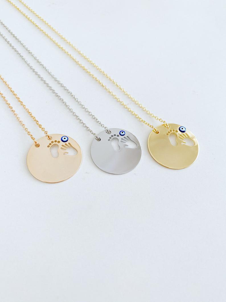 New Baby Necklace, Evil Eye Necklace, Foot Hand print, New Mom