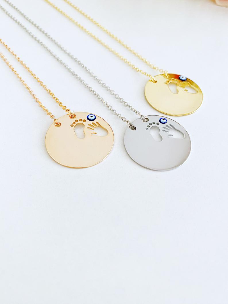 New Baby Necklace, Evil Eye Necklace, Foot Hand print, New Mom