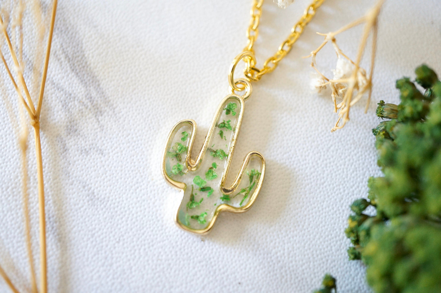 Real Pressed Flowers in Resin, Gold Cactus Necklace in Green