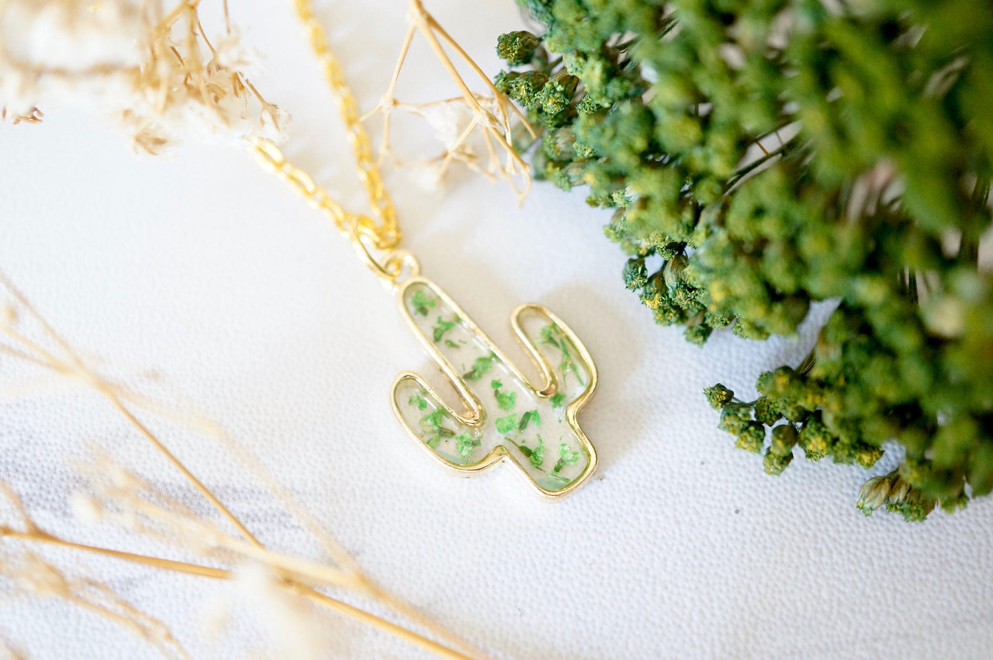 Real Pressed Flowers in Resin, Gold Cactus Necklace in Green