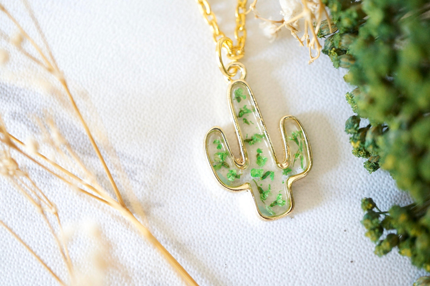 Real Pressed Flowers in Resin, Gold Cactus Necklace in Green