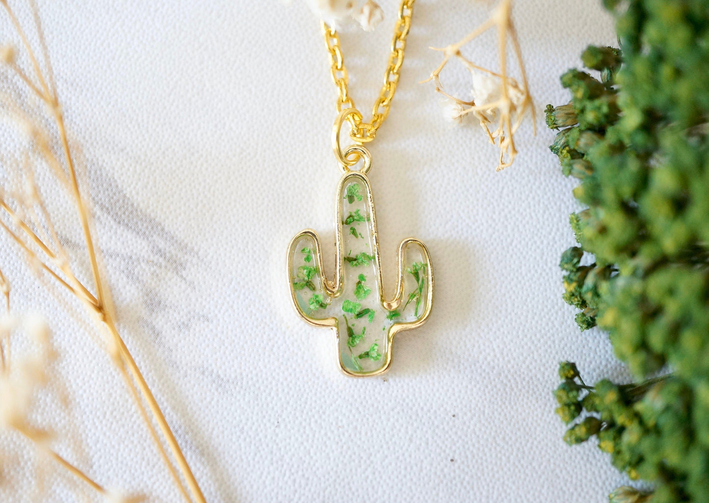 Real Pressed Flowers in Resin, Gold Cactus Necklace in Green