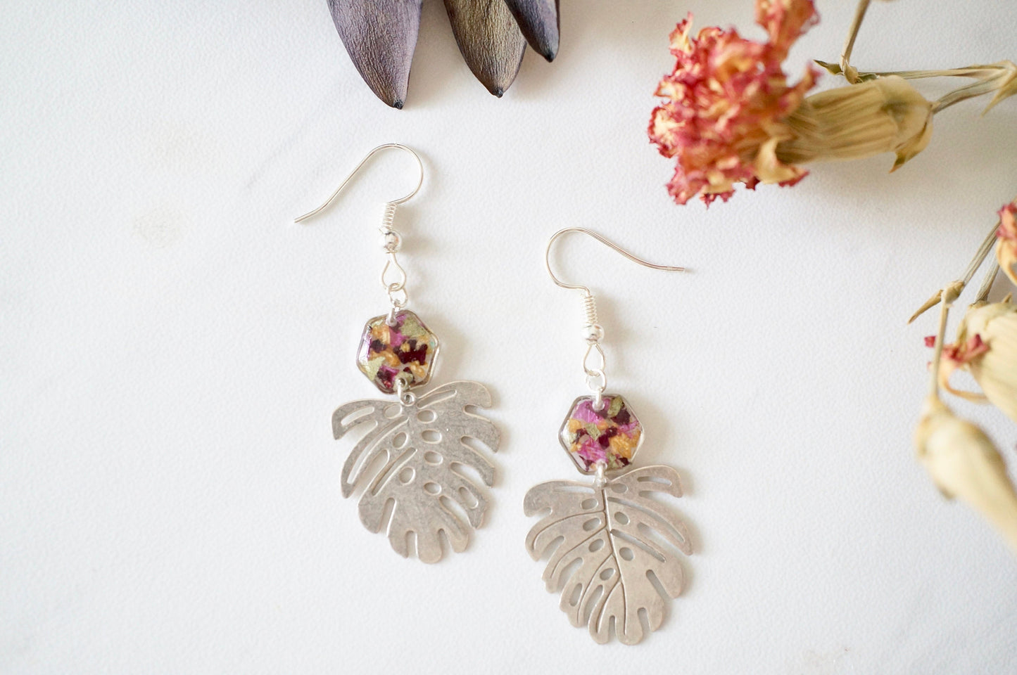 Real Pressed Flowers and Resin Drop Earrings, Silver Palm Leaf and Hexagons in Floral Mix