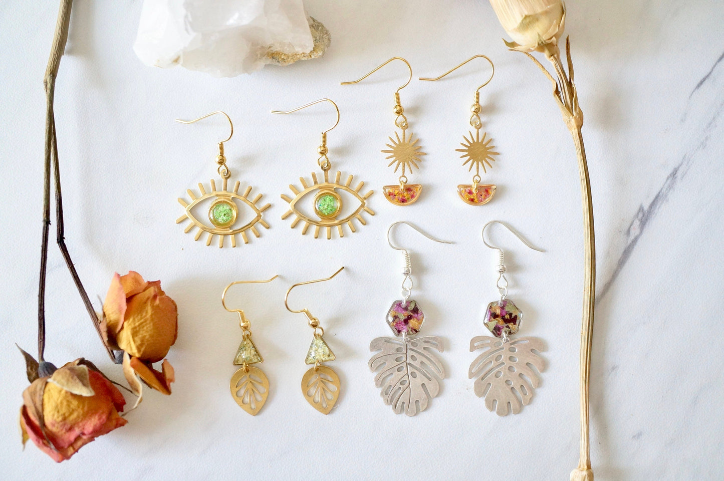 Real Pressed Flowers and Resin Drop Earrings, Silver Palm Leaf and Hexagons in Floral Mix