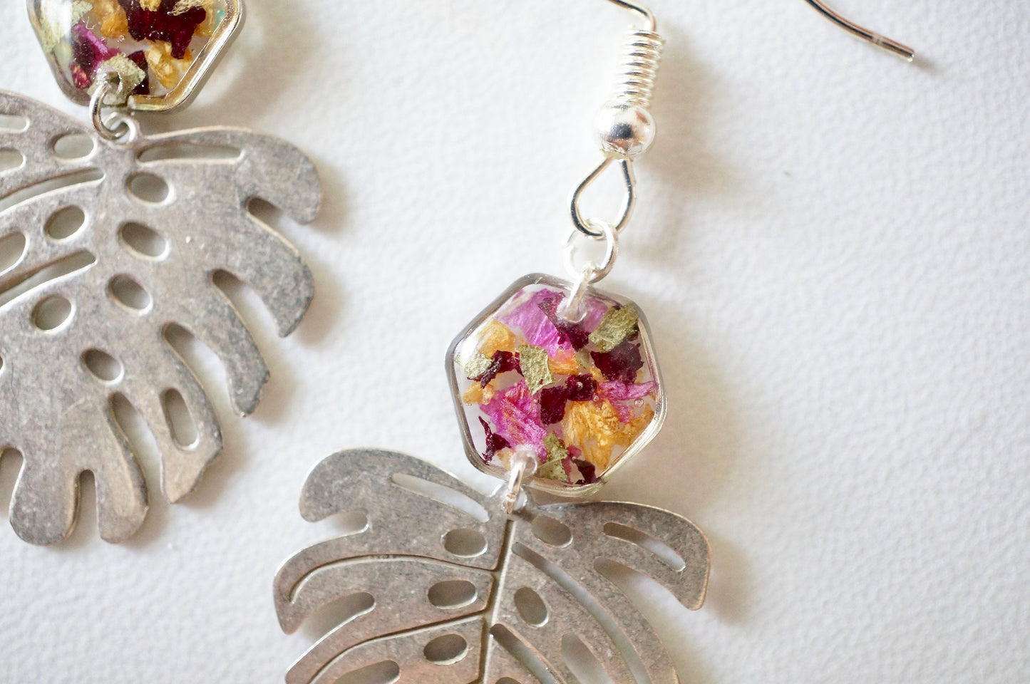 Real Pressed Flowers and Resin Drop Earrings, Silver Palm Leaf and Hexagons in Floral Mix