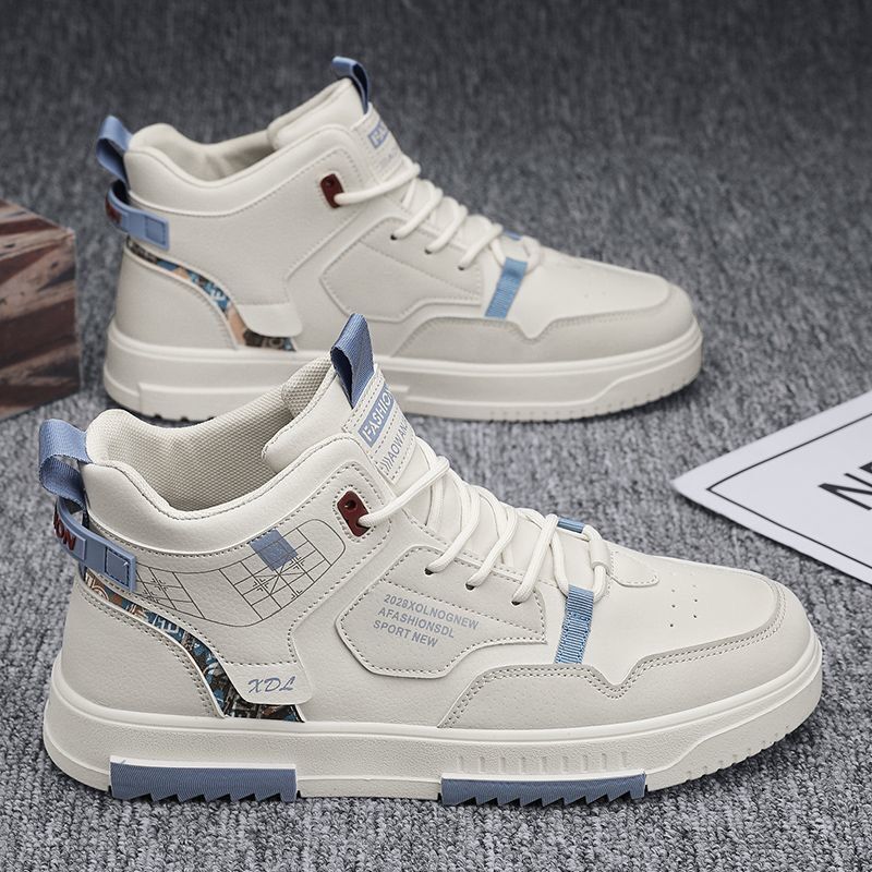 Men's new breathable high top shoes for male students, trendy and versatile white shoes, thick soled sports and leisure board shoes