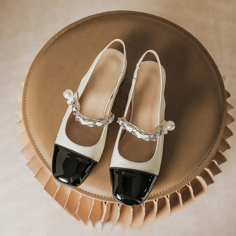 Pearl chain shallow mouth back hollow thick heel color blocked Mary Jane sandals for women