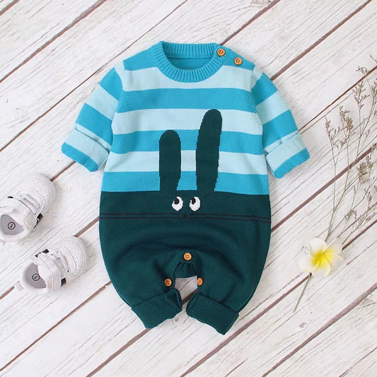 Baby Bunny Embroidery Striped Pattern Contrast Knitted Romper