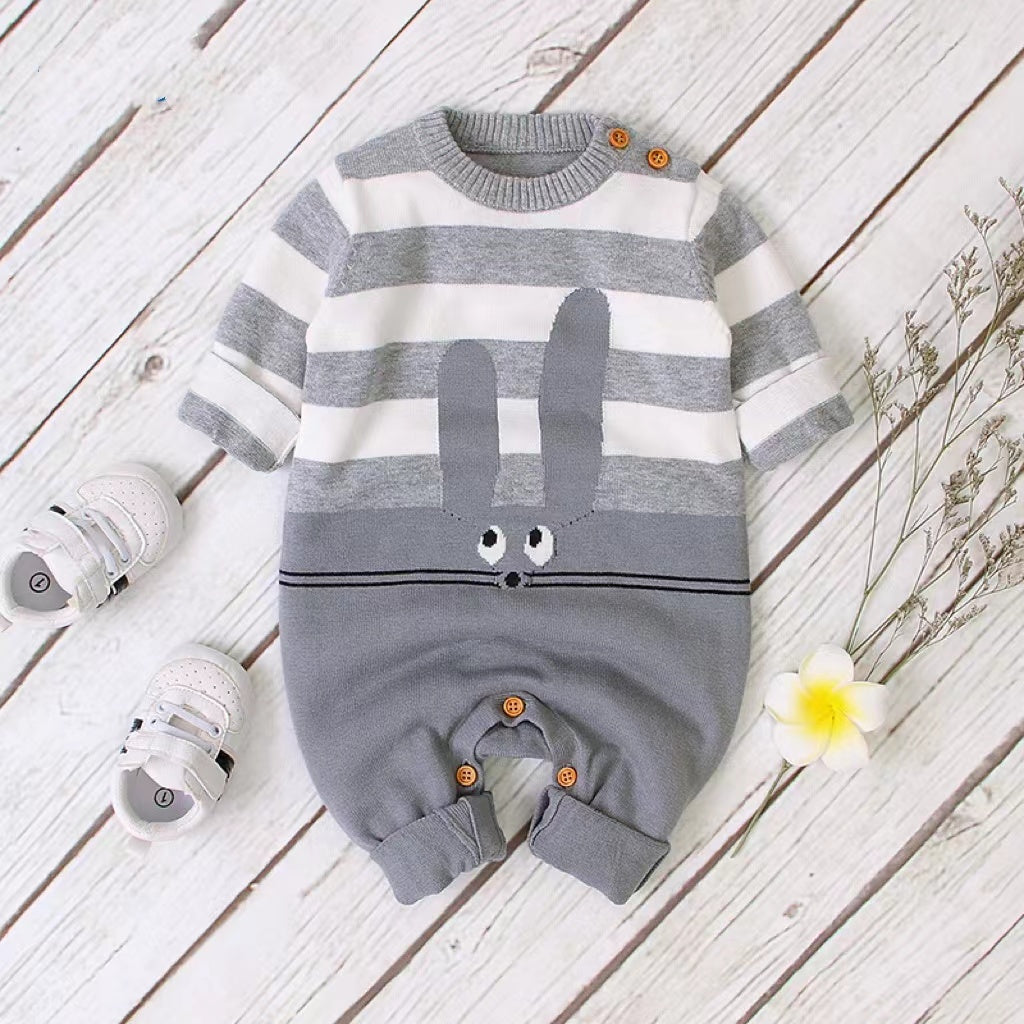 Baby Bunny Embroidery Striped Pattern Contrast Knitted Romper