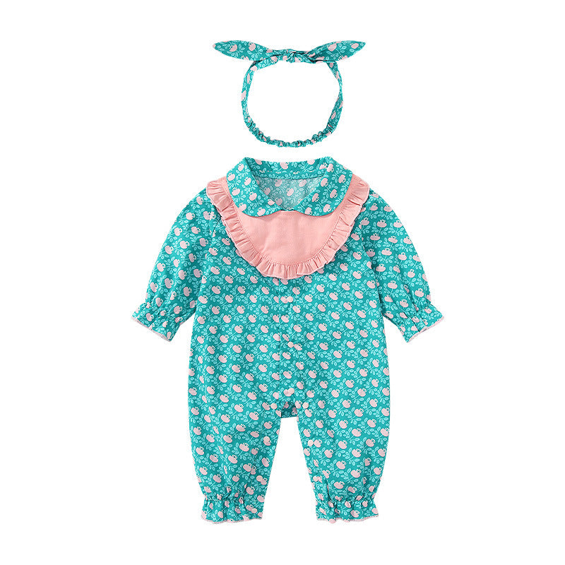 Baby Girl Cherry Print Pattern Detachable Bib Mouth Towel Cute Jumpsuit