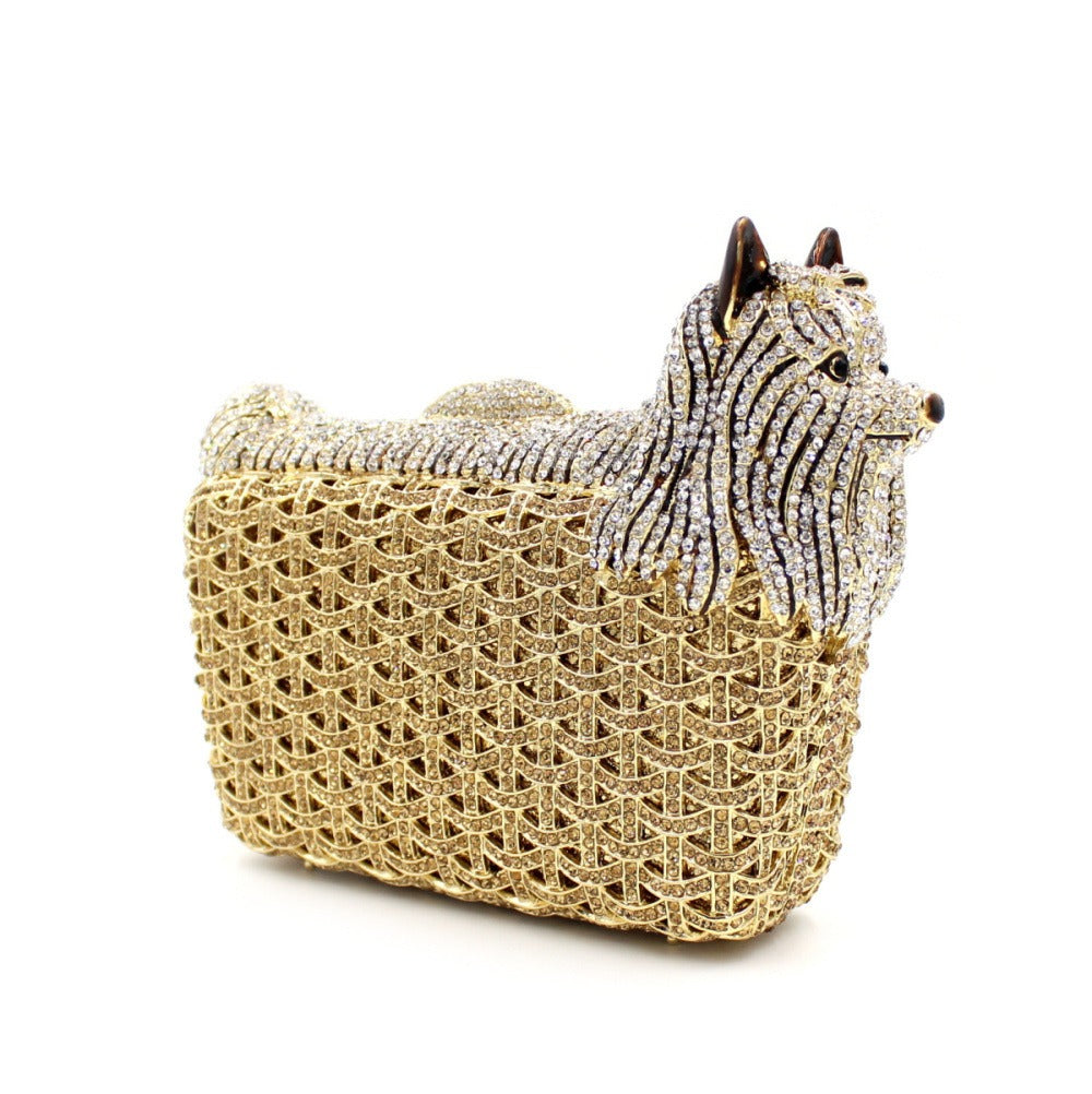 Puppy rhinestone bag, hollow metal crystal dinner bag, handmade diamond inlaid bag, women's hand-held bag