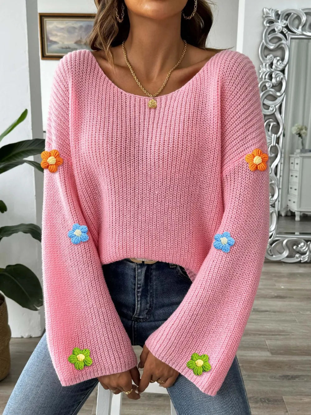 Simple and loose one neck off shoulder flared sleeve sweater