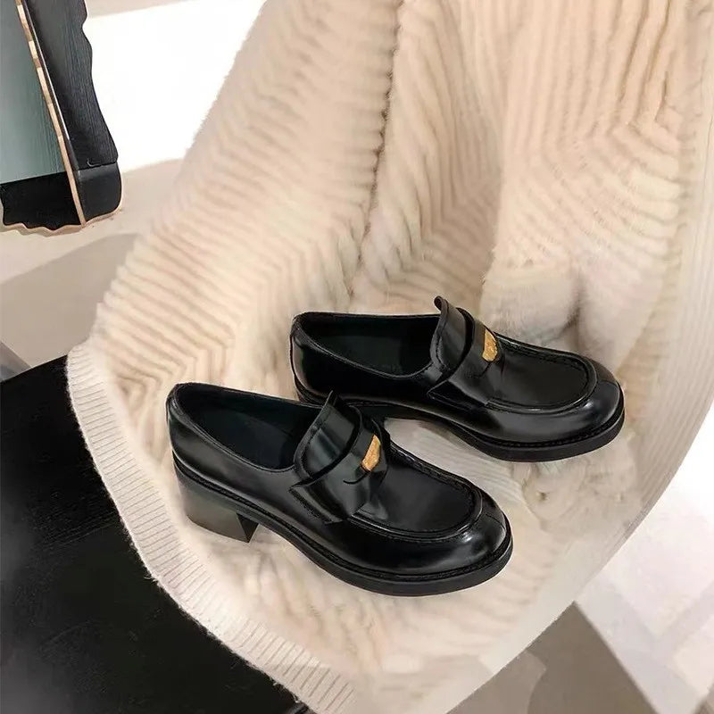 Thick high heels loafers women's small leather shoes