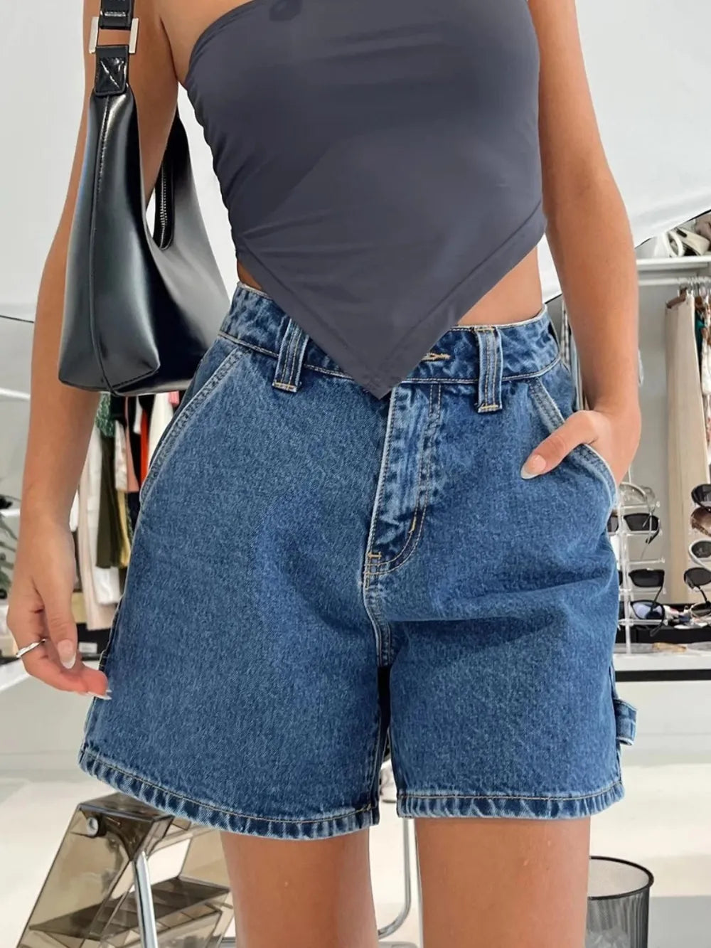 Washed High Rise Denim Shorts