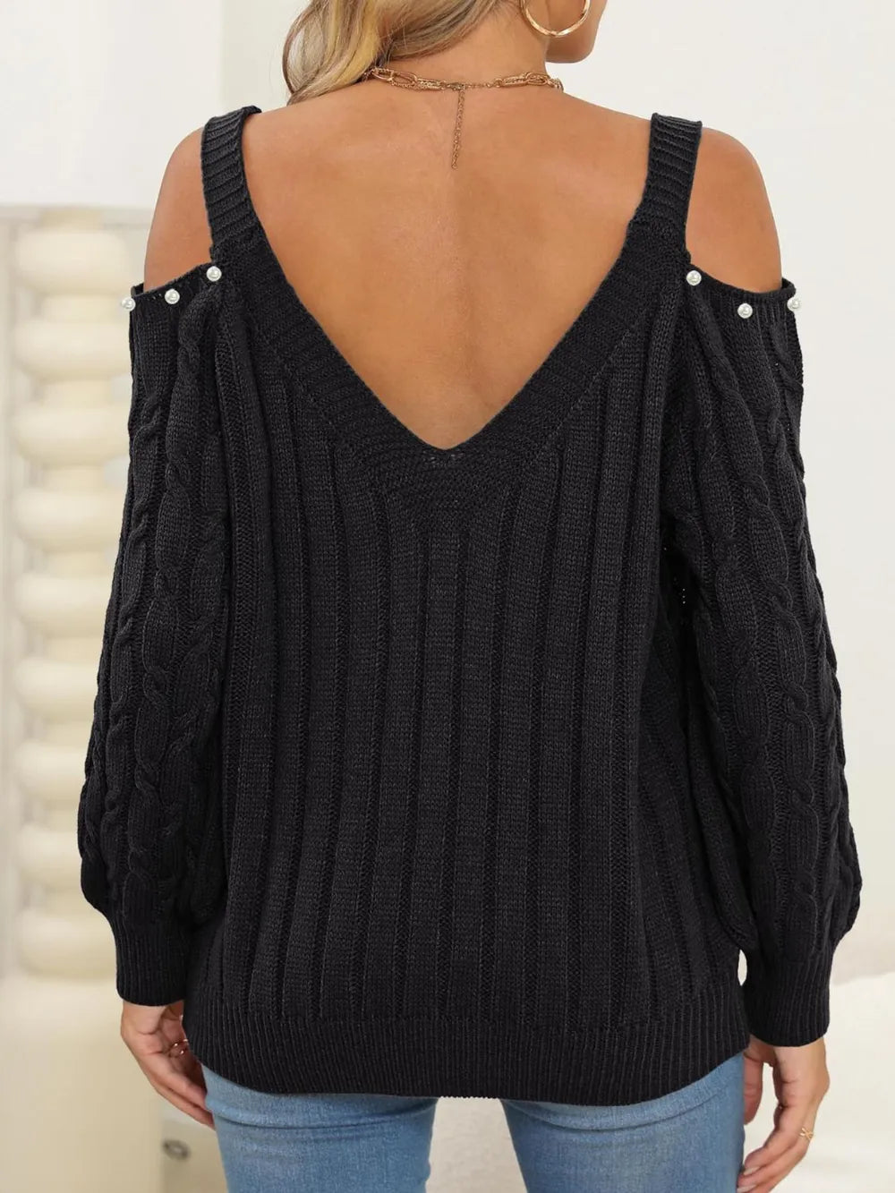 Women's autumn and winter deep V sexy off shoulder loose pullover sweater top for women