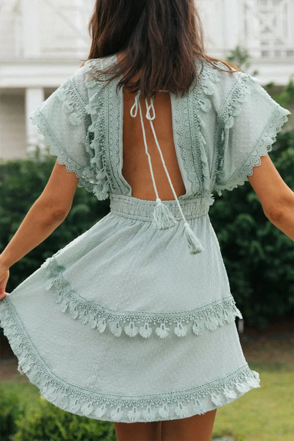 Women's lace patchwork lace up backless big swing batball sleeve dress