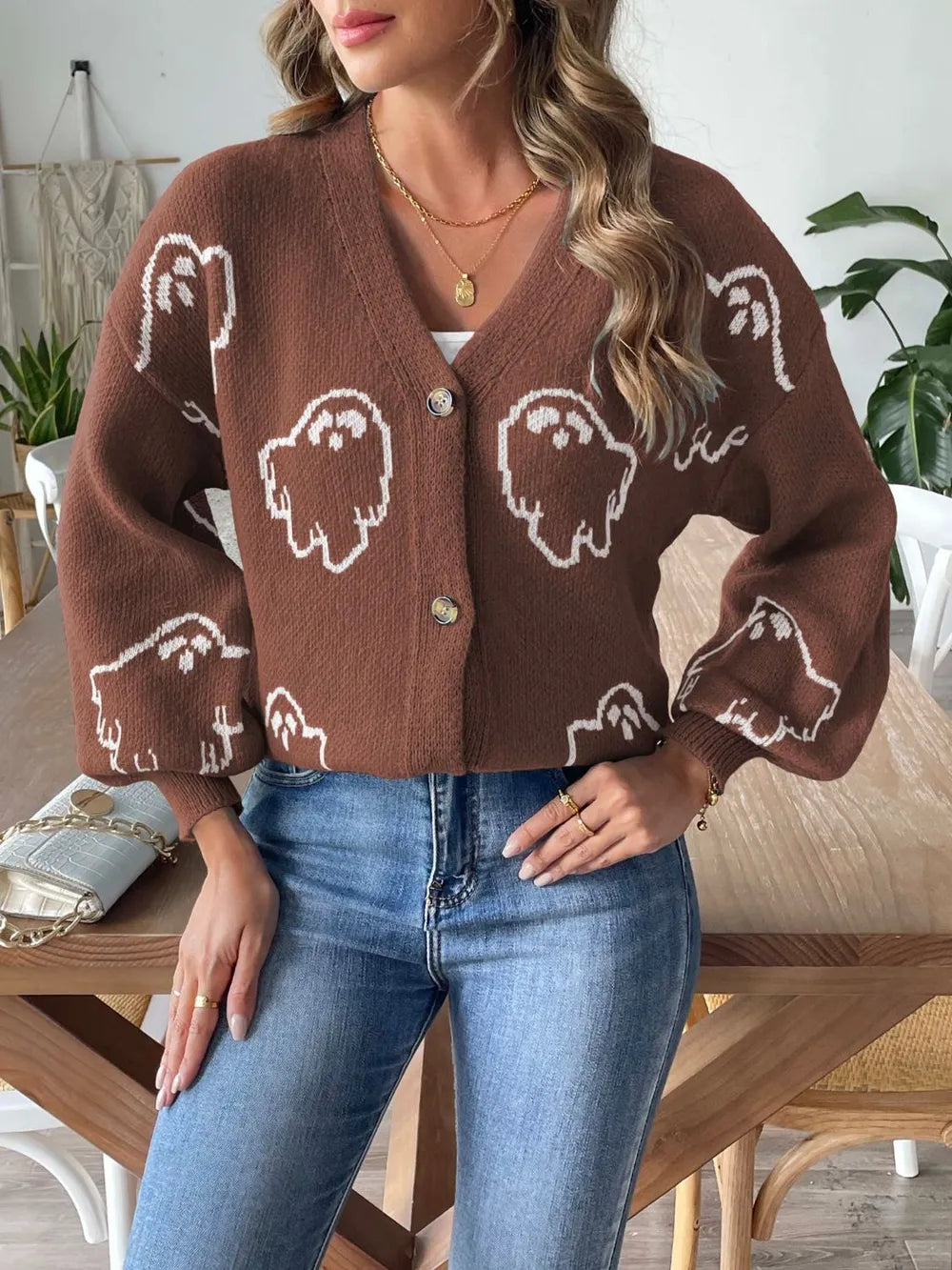 Women's loose casual button sweater cartoon jacquard cardigan for women