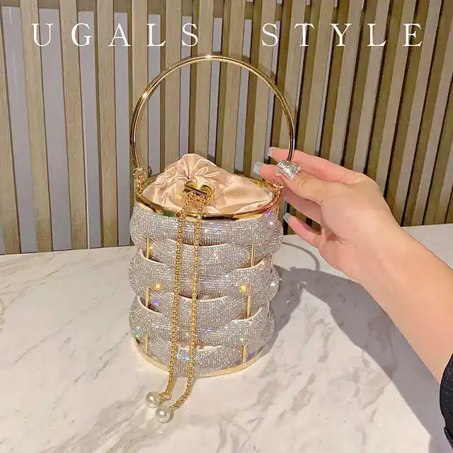 Woven Rhinestone Bucket Bag Woven Clutch Bags Women Boutique Multicolor Crystal Hollow Out Metal Purses And Handbags Wedding